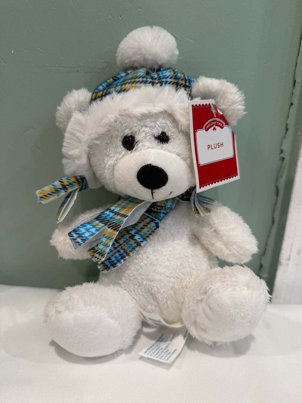 Hugfun Winter White Teddy Bear Plush with Blue Plaid Trapper Hat and Scarf